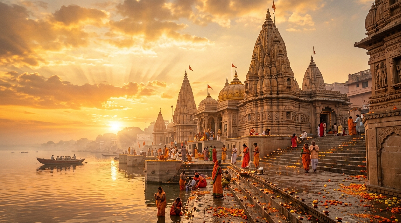 Sacred temple bathed in golden divine light at sunrise
