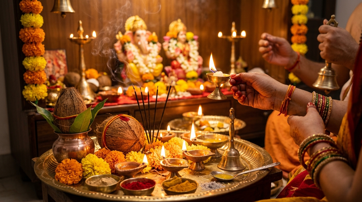 Traditional Hindu puja ceremony with sacred offerings and diya